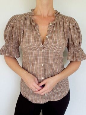Masscob Brown Plaid Fluid Ruffle Collar Puff Sleeve Blouse Top size XS